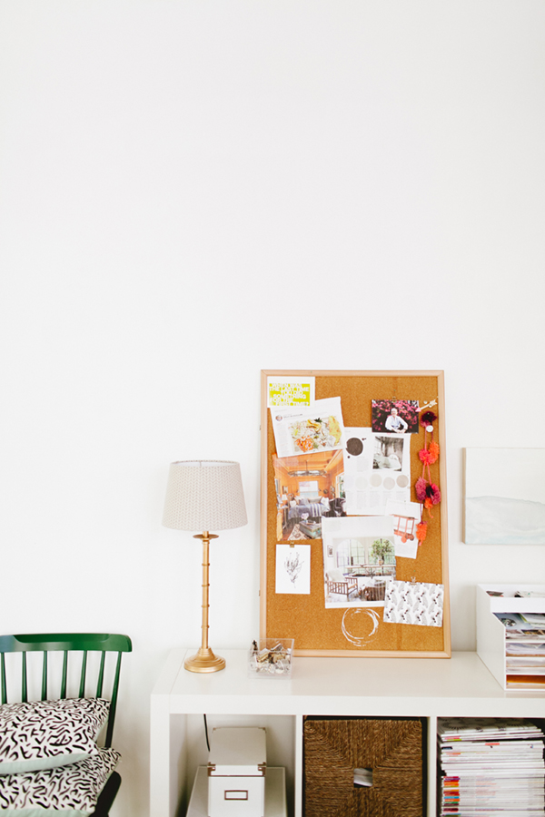 coco+kelley's all white office in seattle - inspiration board and storage