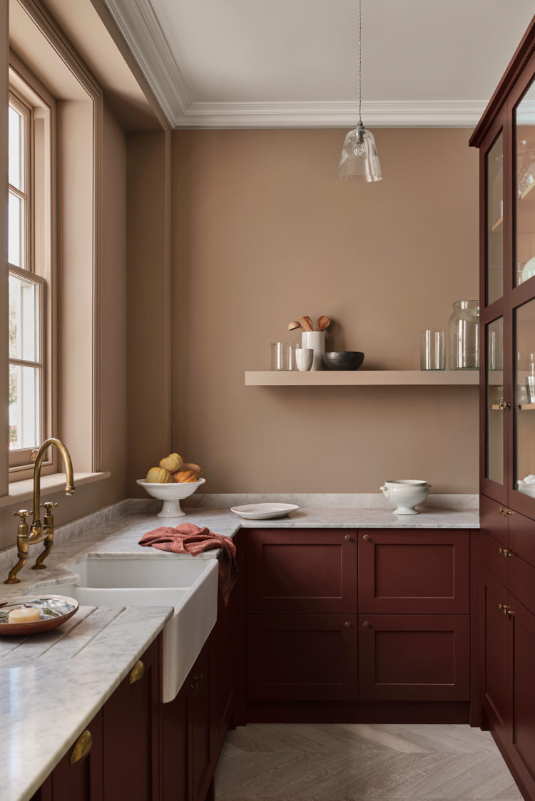 mink walls with scarlet n rust cupboards all by paint and paper library