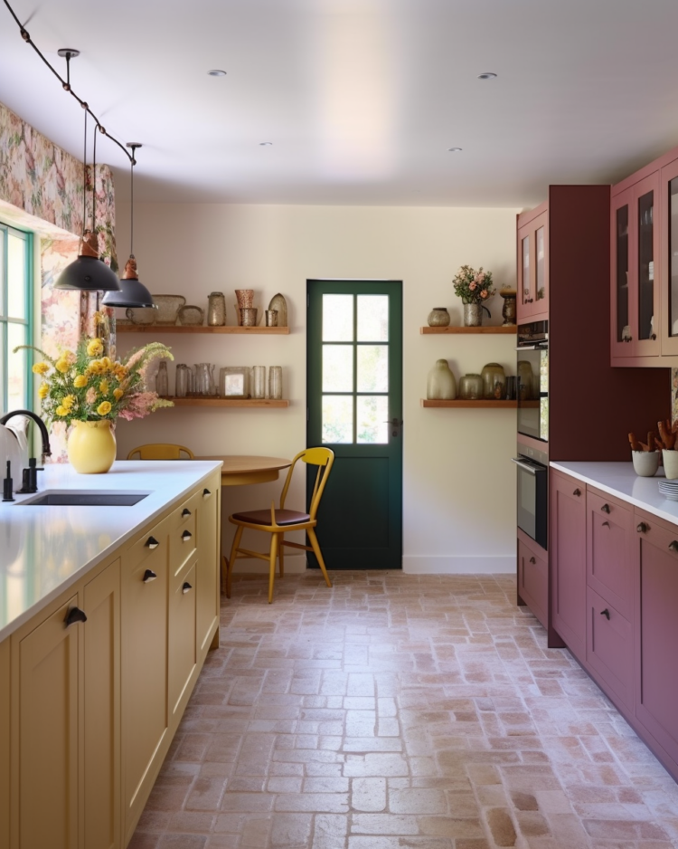 AI generated design of a kitchen blending the interior design styles of madaboutthehouse and sophie robinson