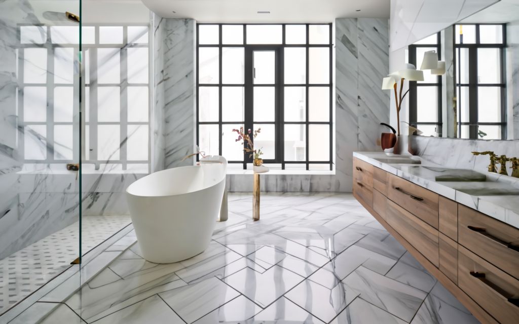 Square Chevron in Calacutta Bathroom Tiles