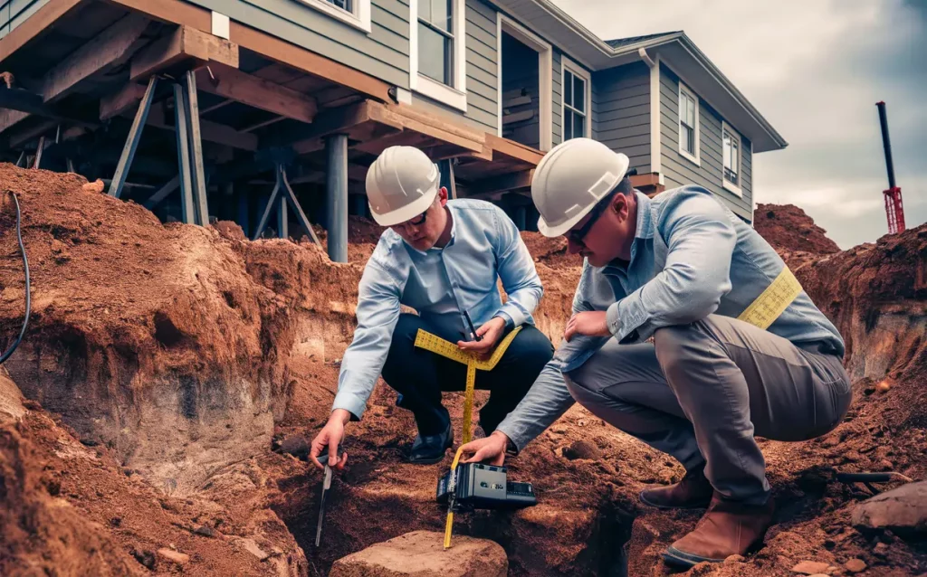 Engineers examining soil samples for testing and evaluation