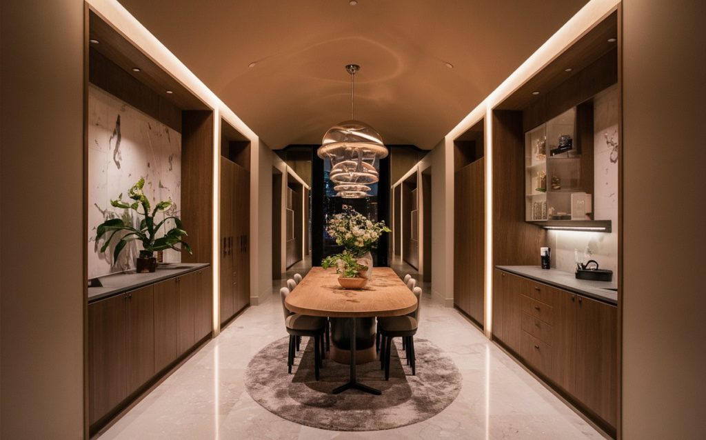 Hallway with cove lighting to dining room