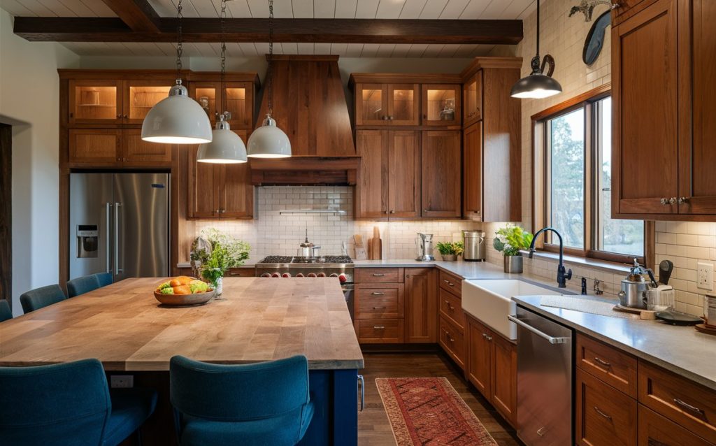 A modern kitchen with ample counter space and a central island made of wood