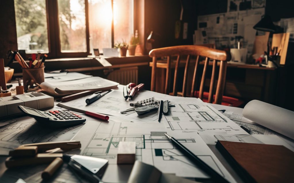 A desk with a calculator, pencils, a ruler for interior design