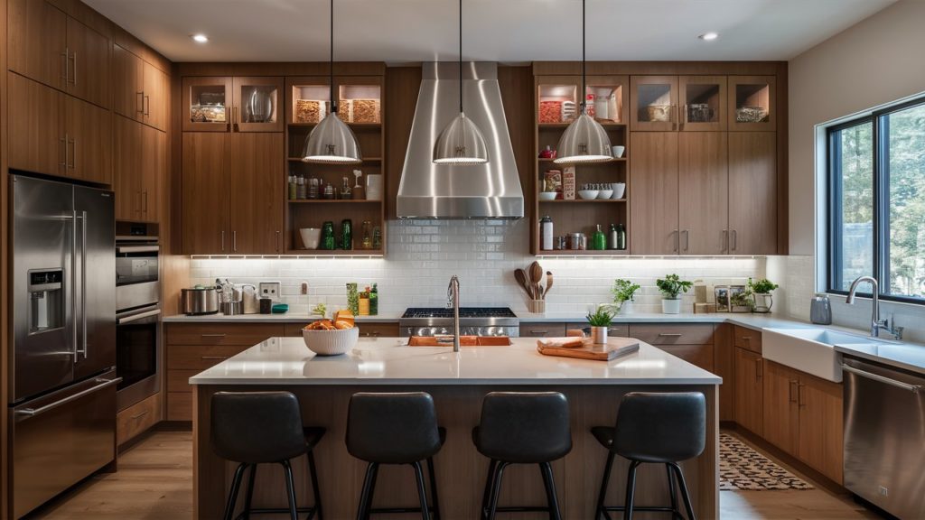 A modern kitchen with stainless steel appliances and granite countertops.