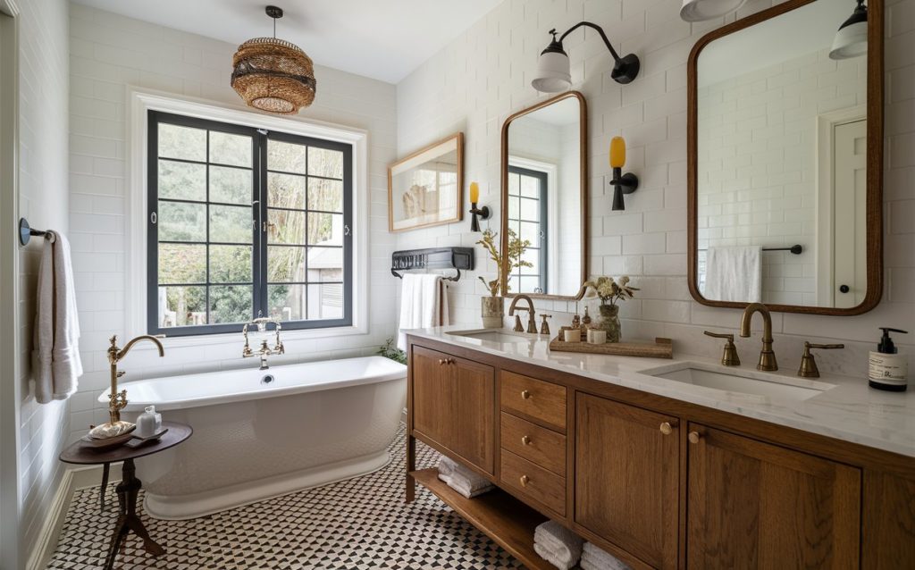 Modern bathroom interior with bathtub, sink, and mirrors
