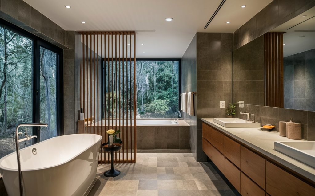A well-lit bathroom featuring a bathtub, sink, and mirror.