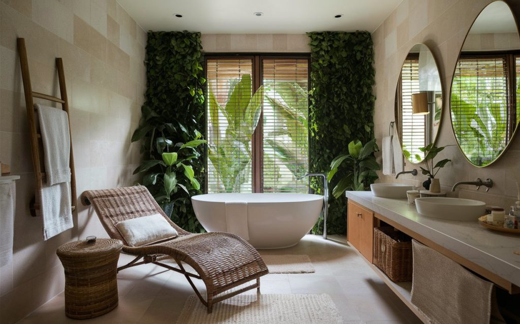 Bathroom with a wicker chair and bathtub