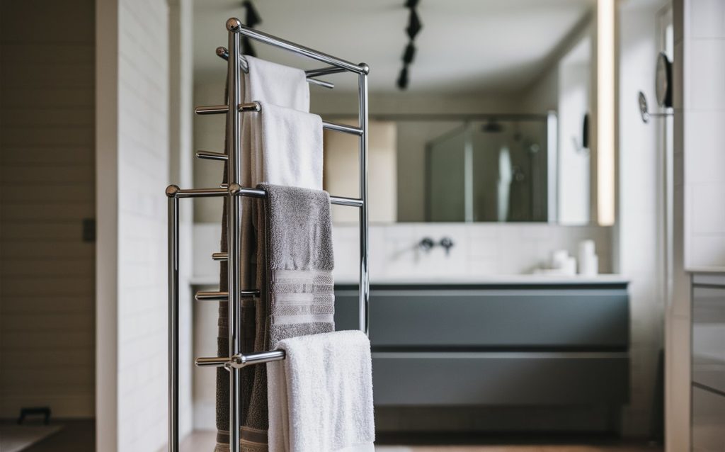 A chrome towel rack mounted on a bathroom wall, holding several colorful towels.