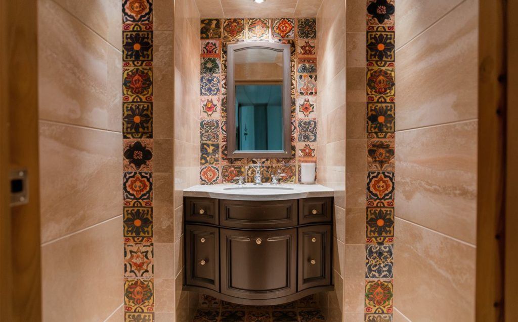 A close-up of a bathroom sink and mirror with tiled walls.