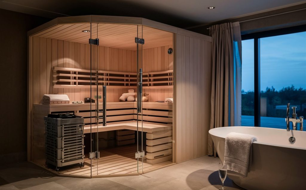 Bathroom with bathtub and sauna