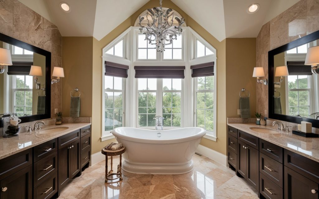 A relaxing bathroom with a freestanding tub, double vanities, and a hanging light fixture.