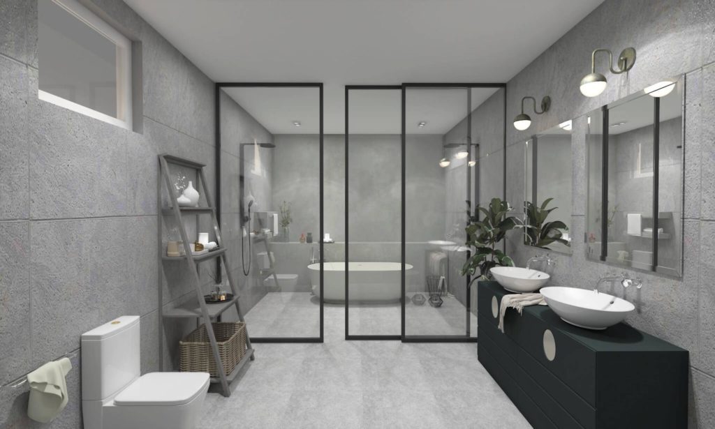 A bathroom vanity with two sinks and a large mirror.