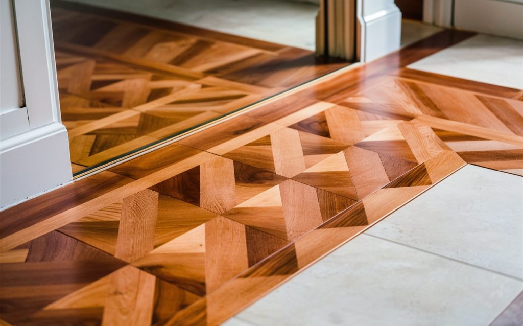 Parquet flooring with border tile pattern in a chevron design