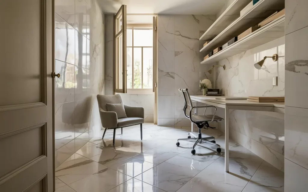 A bright and airy home office with a marble floor and walls.