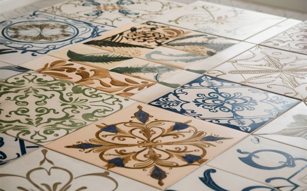 A collection of colorful porcelain and ceramic floor tiles arranged on a surface.