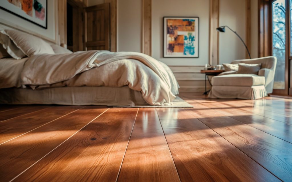 Warm brown hardwood flooring in a bedroom