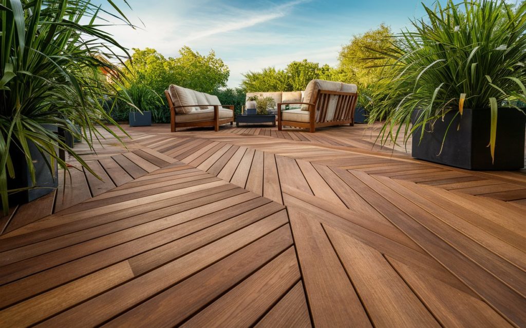 Outdoor deck space with furniture and planters