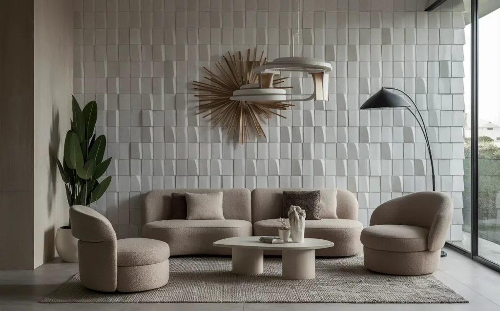 Living room with geometric sculpted wall tiles