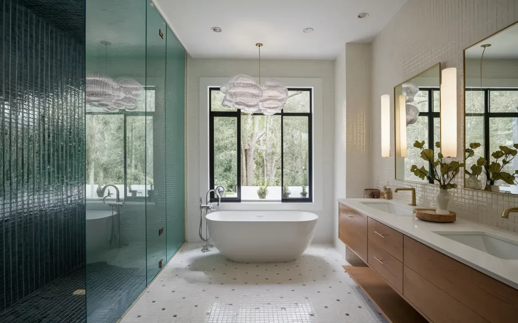 Glass mosaic tiles for bathroom shower walls