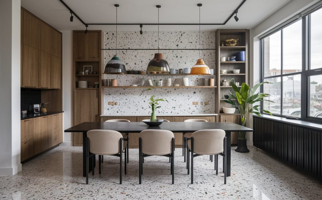 Modern dining room featuring polished terrazzo tiles