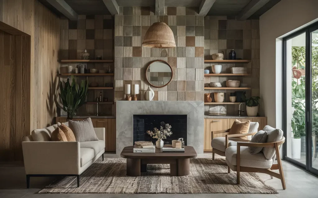 A living room with textile tile pattern featuring a couch, two armchairs, and a coffee table