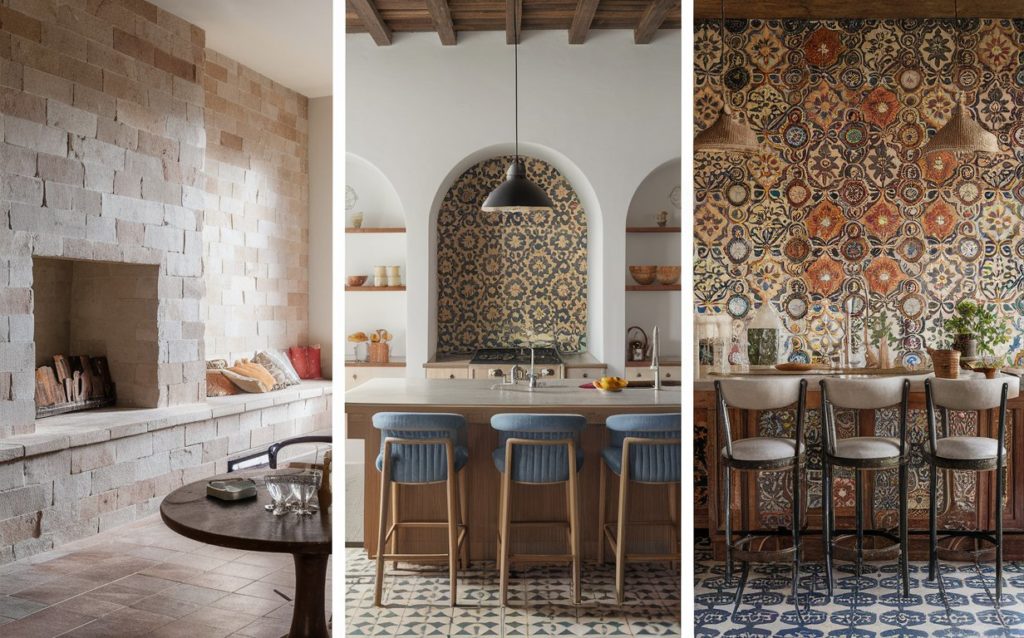 Textured clay tiles with Talavera glazes, perfect for flooring and countertops