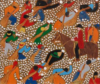 Cotton Pickers with Overseer ca. 2006 Acrylic paint on carved and tooled leather