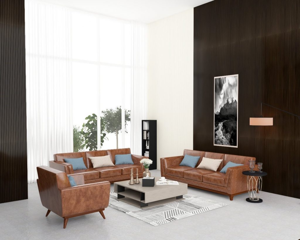 A modern living room with a large leather sectional sofa, a coffee table, an armchair, and a floor lamp.