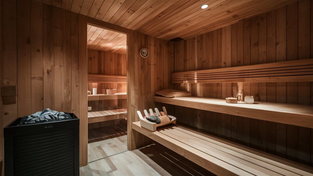 A cozy sauna room with wooden walls and benches, a black heater, and towels on the shelves.