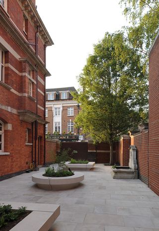 Westminster coroner's court with abstract forms added to the historic fabric and colourful stained glass