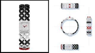 A Chanel 2024 high jewellery collection watch graphic red, black and blue, graphic quilted