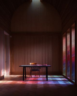 Westminster coroner's court with abstract forms added to the historic fabric and colourful stained glass