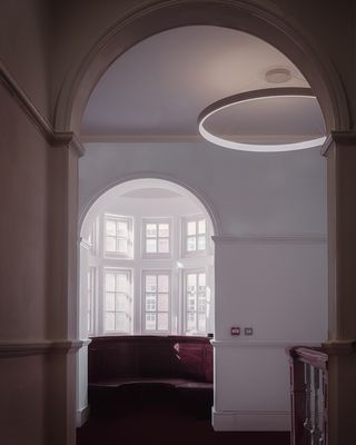 Westminster coroner's court with abstract forms added to the historic fabric and colourful stained glass