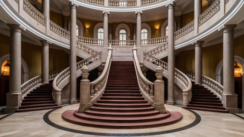 Grand, bifurcated staircase with marble columns and a domed ceiling