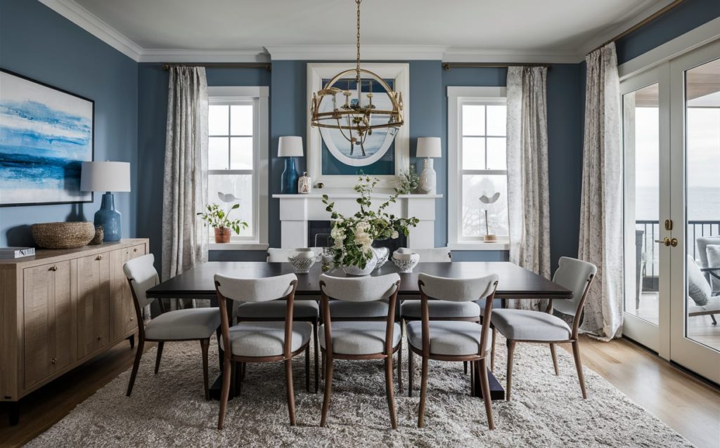 A modern dining room with a dark wood table, white chairs, and a blue-painted wall.