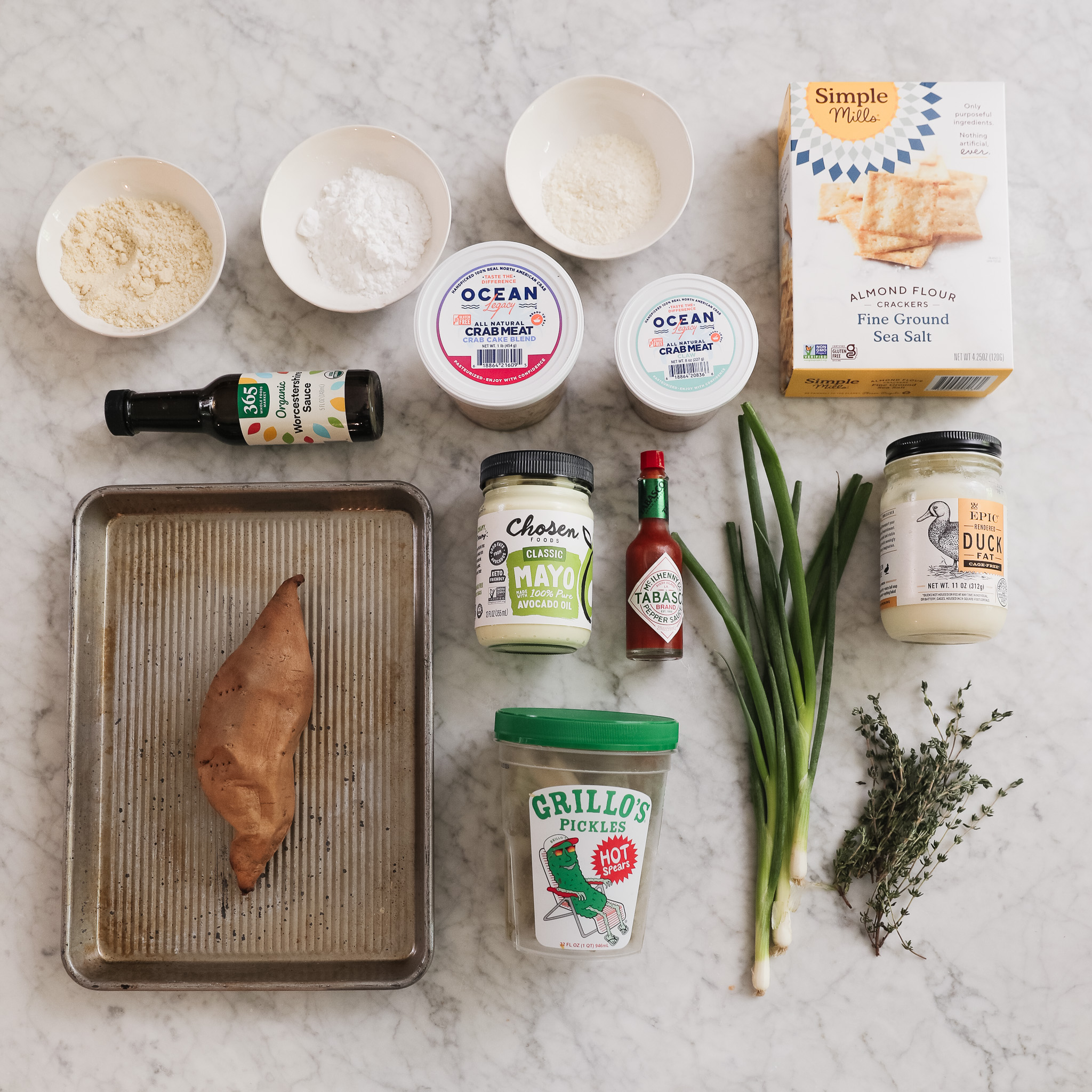 Chris Loves Julia | Flatlay of ingredients to make crab cakes with easy remoulade sauce