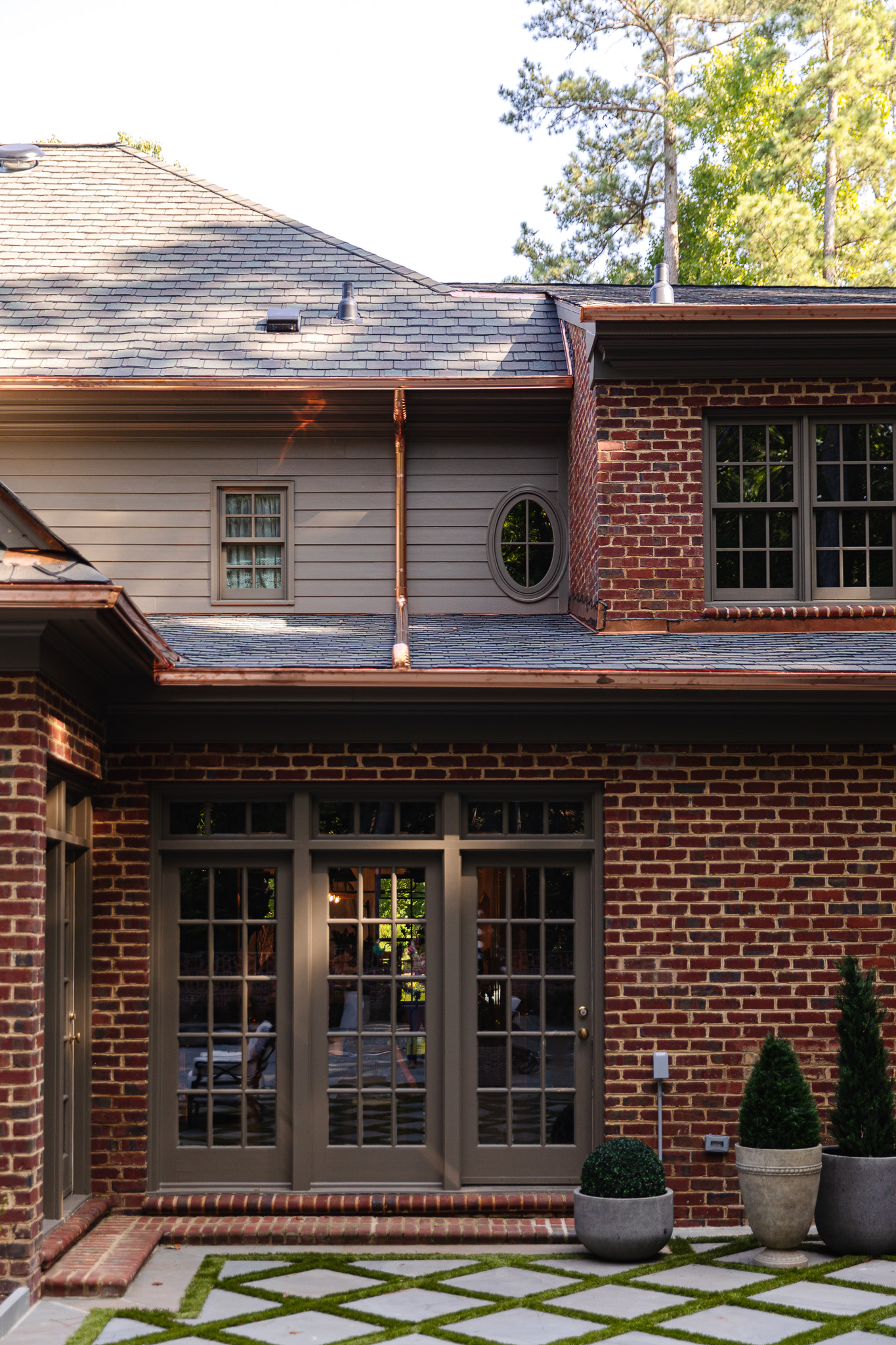 Copper gutters on the back of the North Carolina Modern Colonial home
