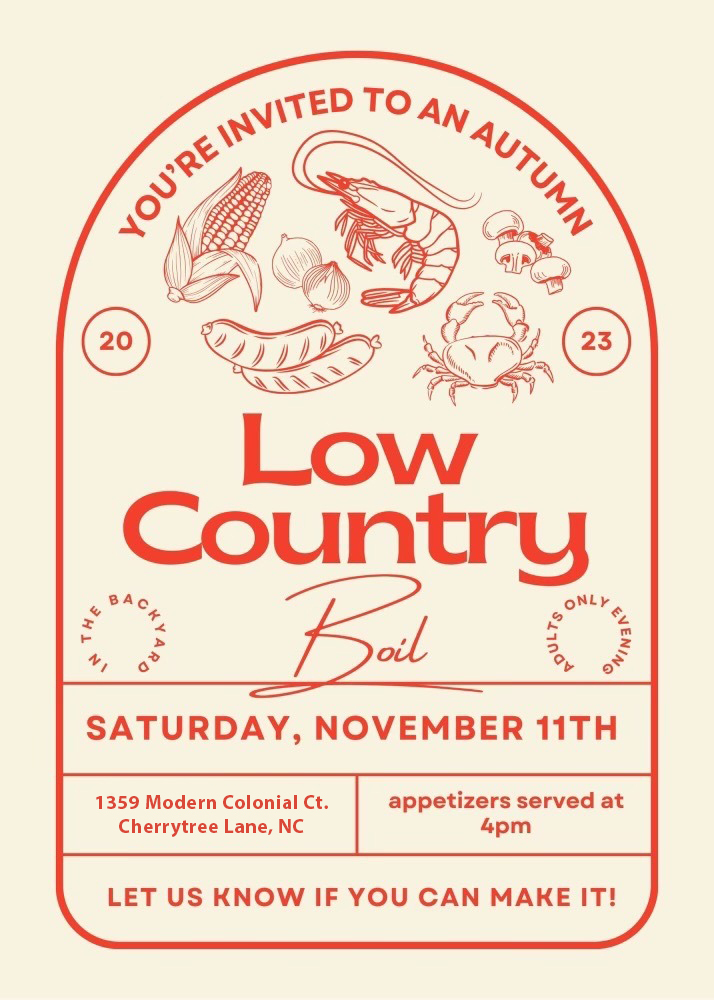 Chris Loves Julia | A digital invitation to a low country boil with outlines of corn, shrimp, crabs and mushrooms.