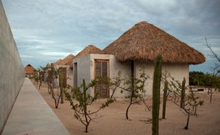 A collection of concrete buildings with wooden slat doors and thatched roofs next to a concrete walkway and wall