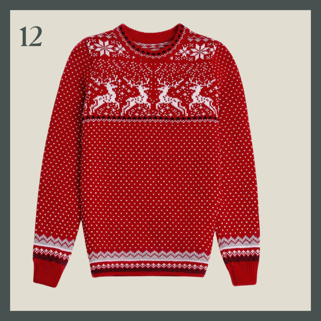 Red and white fair isle sweater with deer