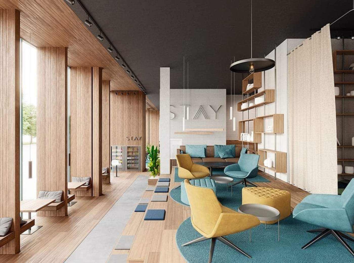 Communal workspace with ergonomic furniture in a co-living environment