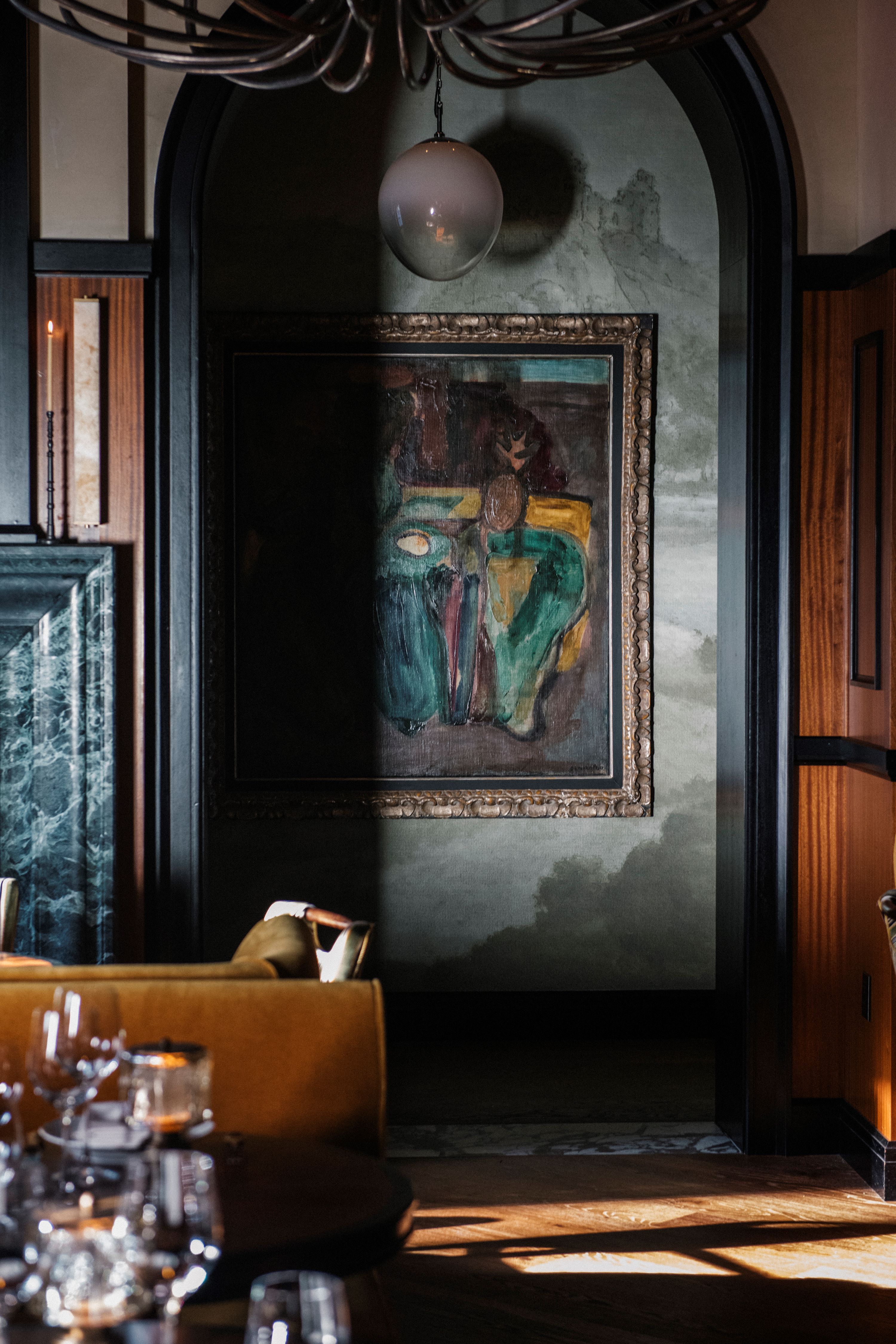 Artwork on patterned wall at Locanda Verde Hudson Yards