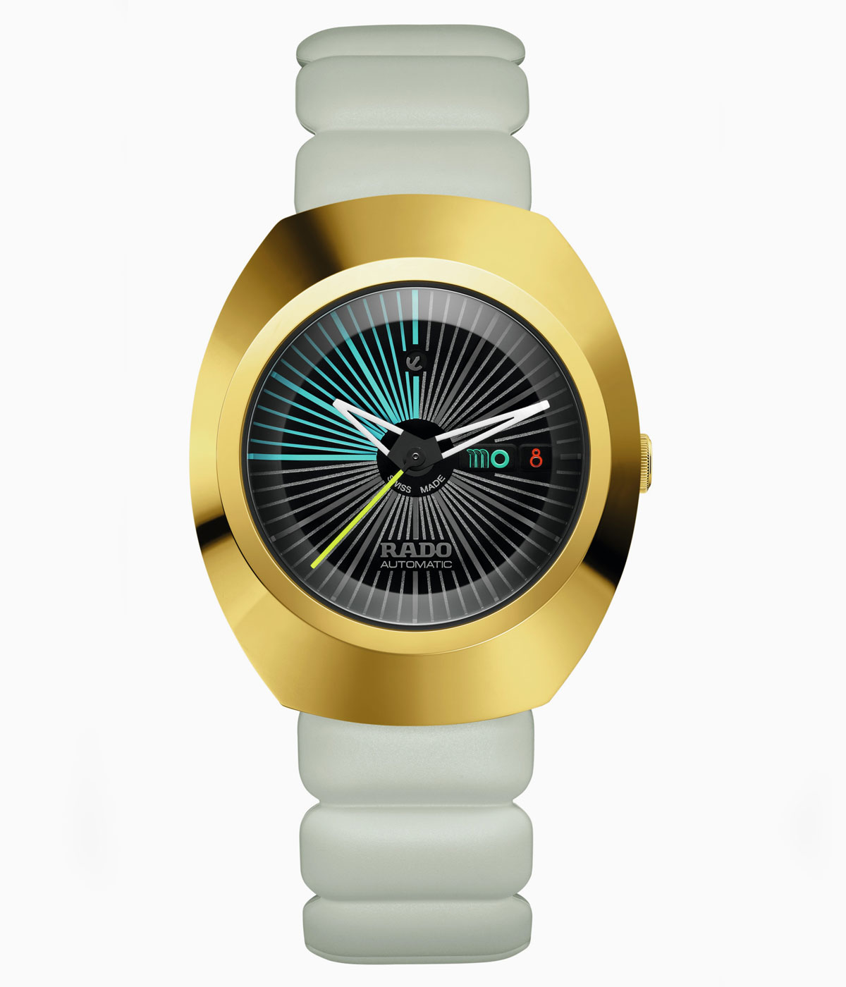 gold and black watch with white strap