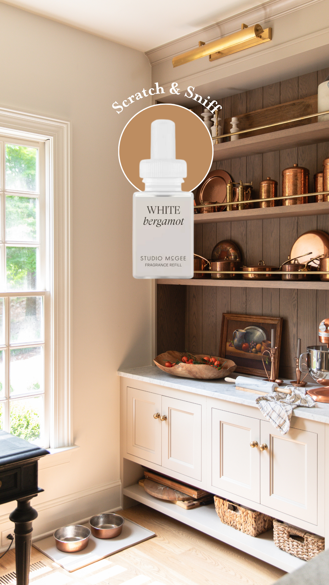 A modern traditional kitchen with a superimposed Pura fragrance bottle: Scratch & Sniff Studio McGee's White Bergamot