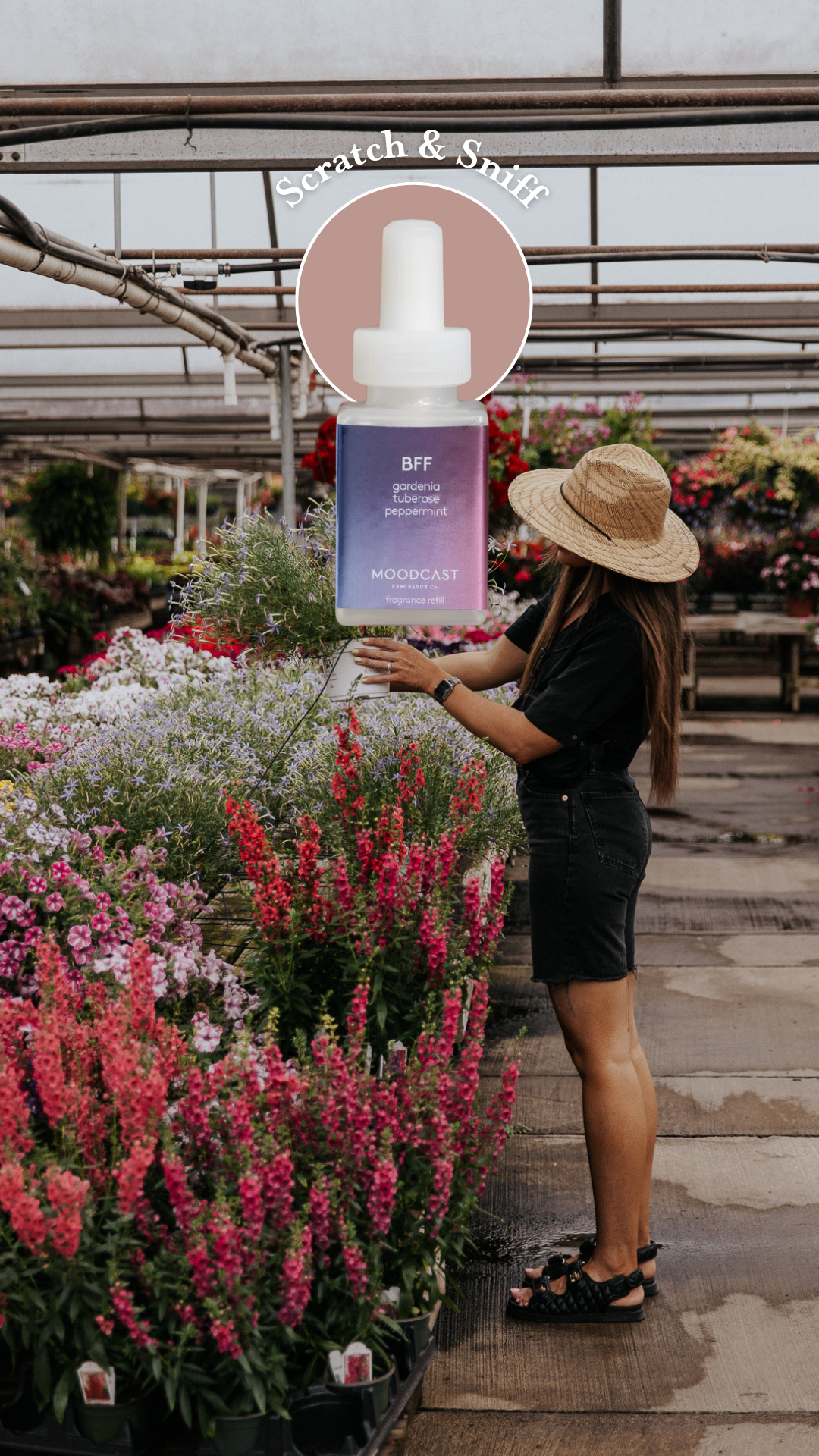 Julia holding a potted floral plant at a garden store with a superimposed Pura fragrance bottle: Scratch & Sniff Moodcast's BFF