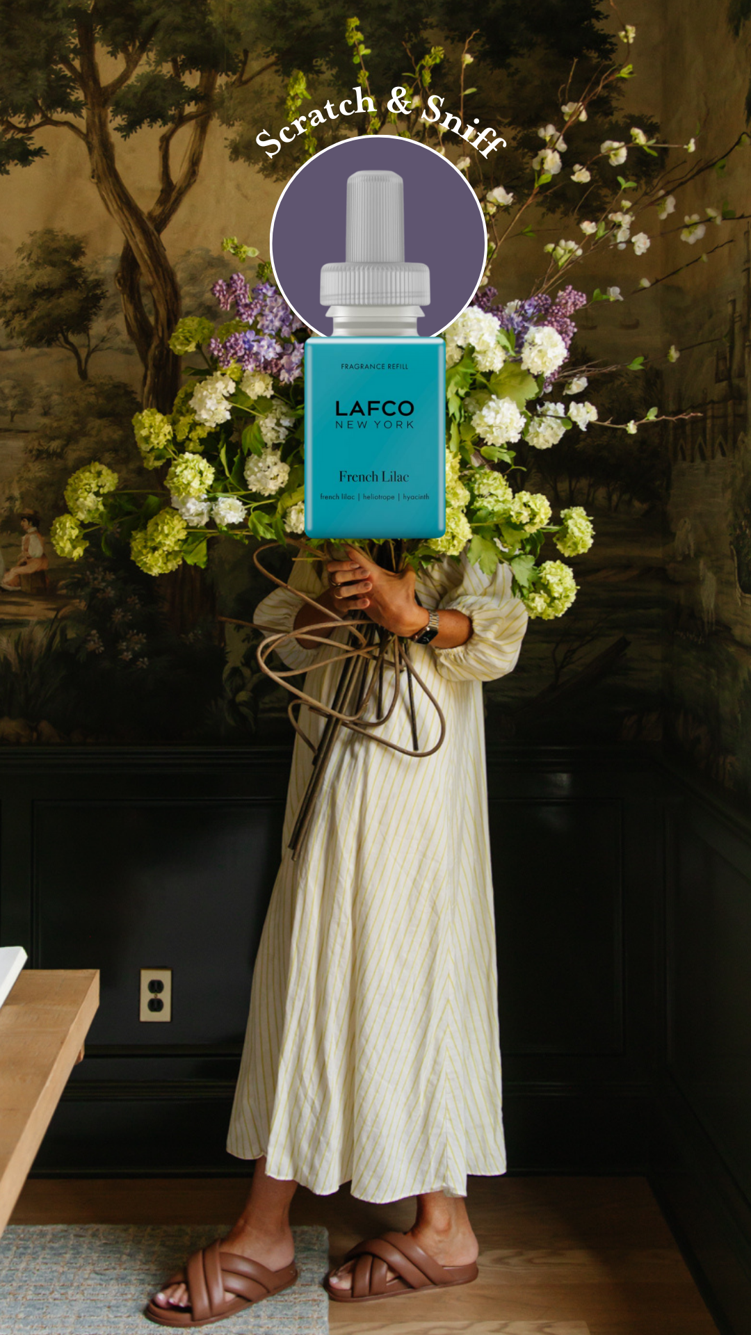 Julia holding a large bouquet of faux flowers with a superimposed Pura fragrance bottle: Scratch & Sniff LAFCO's French Lilac