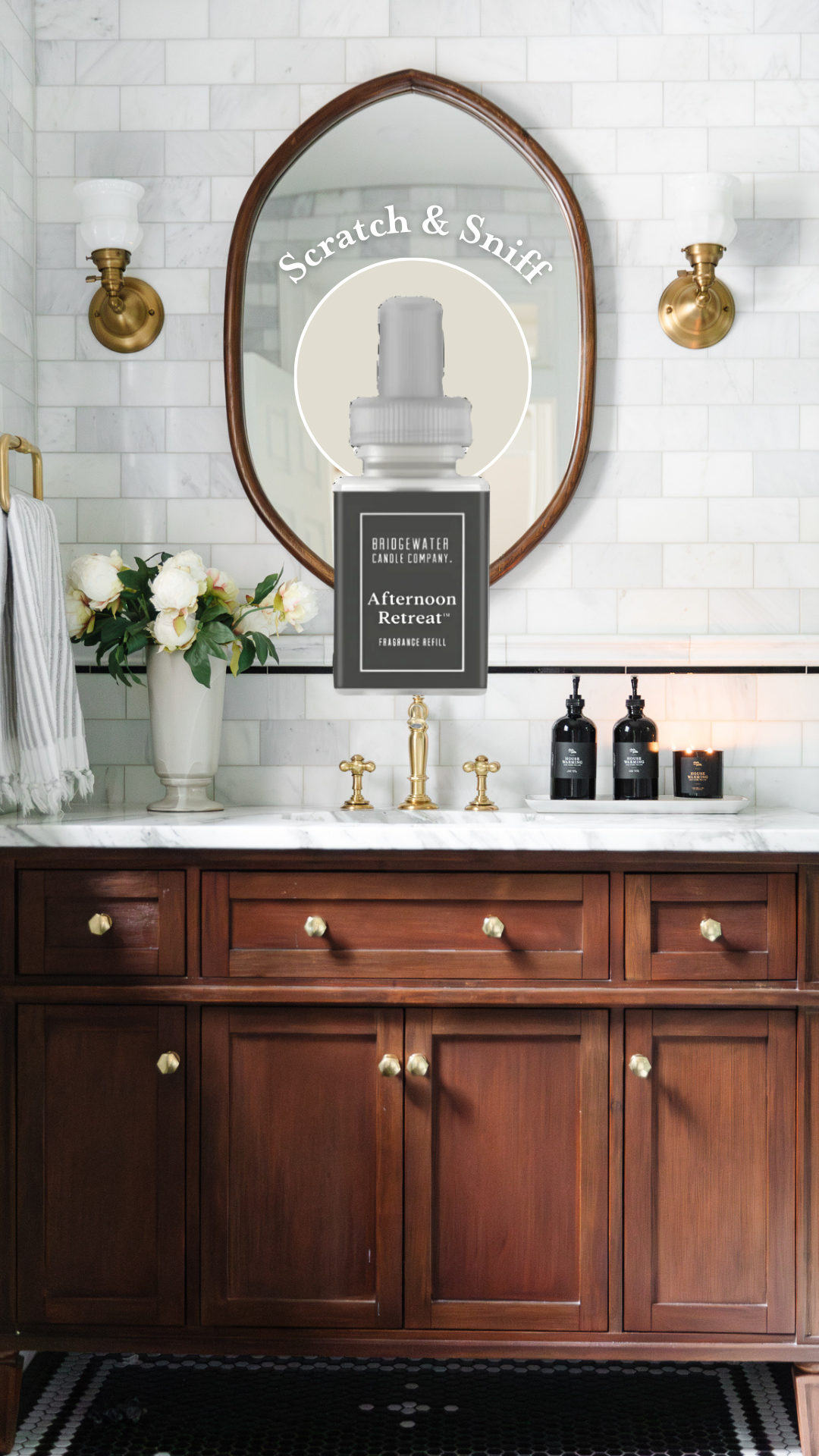 A bright, traditional-modern bathroom sink with a superimposed Pura fragrance bottle: Scratch & Sniff Bridgewater Candle Company Afternoon Retreat