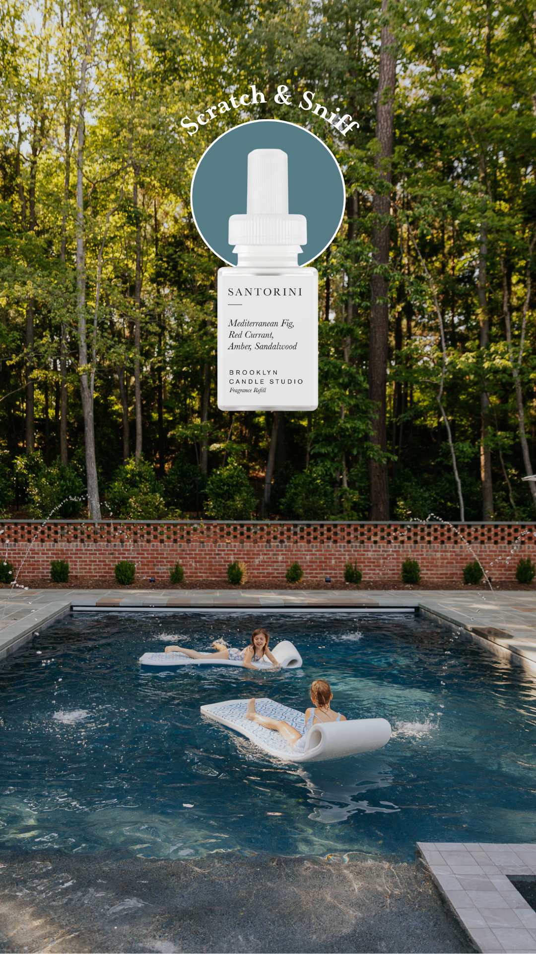 Girls lounging on pool floats with a superimposed Pura fragrance bottle: Scratch & Sniff Brooklyn Candle Studio's Santorini
