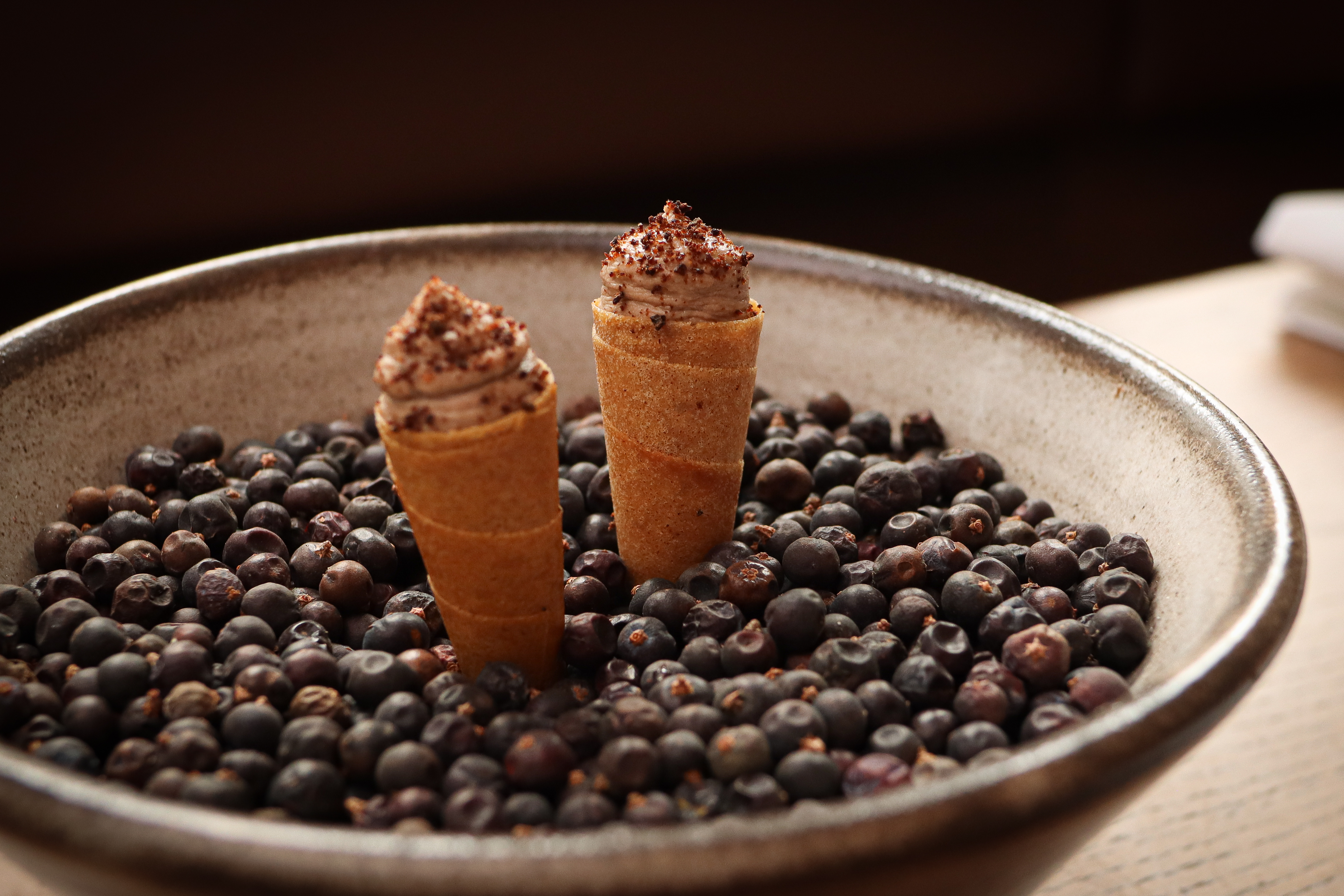 One of Gorse's 'snacks' consisting of a mushroom puree in a flaky cone